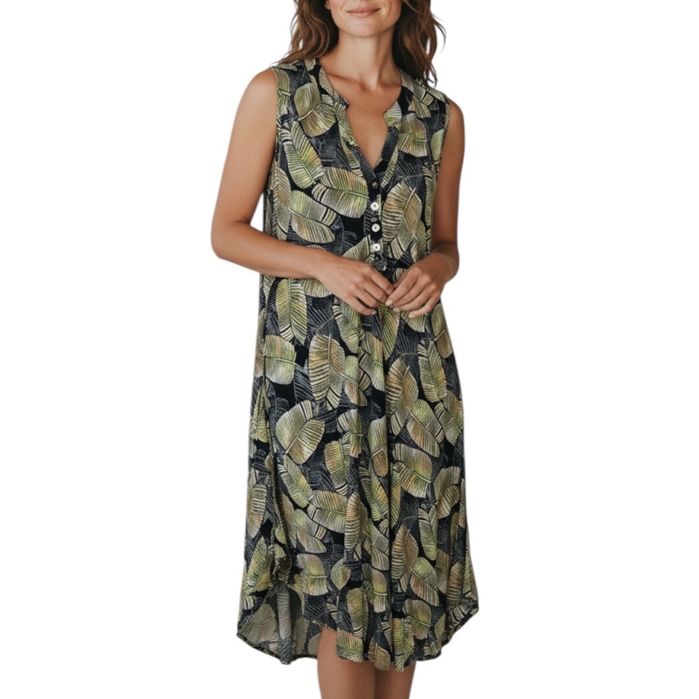 Papillon Blanc Black Dress with Green Leaf Print